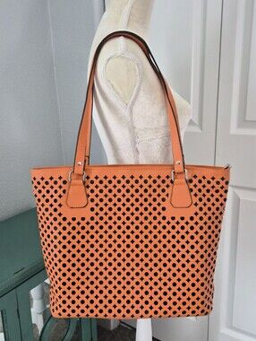 Orange Laser Cut Tote Bag Faux Saffiano Leather Shoulder Bag Large Carryall